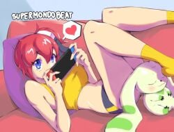 1girls ami_aiba ankle_socks anklehighs blue_eyes clothed couch crop_top digimon digimon_(species) digimon_story digimon_story:_cyber_sleuth female female_protagonist goggles heart human legs looking_at_viewer nintendo_switch on_back panties pillow playing_videogame red_hair side_ponytail socks supermondobeat terriermon yellow_socks