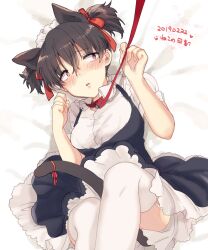 1girls alternate_costume black_hair blush canon_genderswap cat_ears cat_tail catgirl collar embarrassed female female_only frills fully_clothed garter_straps genderswap_(mtf) gintama hair_between_eyes hair_ribbon heart-shaped_pupils kemonomimi leash looking_away maid maid_headdress maid_uniform on_back on_bed rule_63 solo stockings thighhighs twintails upskirt white_legwear white_thighhighs yamazaki_sagaru yamazaki_shisako