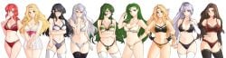 6+girls 9girls absurdres altena_(fire_emblem) alternate_costume angry annand_(fire_emblem) ass_visible_through_thighs ayra_(fire_emblem) bandana bangs bare_shoulders bikini black_bikini black_bra black_gloves black_hair black_panties blonde_hair blush bra breasts bridal_gauntlets brigid_(fire_emblem) brown_eyes brown_hair circlet cleavage clenched_hand collarbone cowboy_shot deirdre_(fire_emblem) edain_(fire_emblem) elbow_gloves embarrassed embarrassed_underwear_female erinys_(fire_emblem) ethlyn_(fire_emblem) euf female female_only fingerless_gloves fire_emblem fire_emblem:_genealogy_of_the_holy_war fire_emblem:_thracia_776 gloves green_eyes green_hair green_panties grey_hair hand_on_hip hand_on_own_chest hands_on_hips headband highres ishtar_(fire_emblem) jewelry large_breasts light_purple_hair lingerie long_hair looking_at_viewer looking_to_the_side medium_breasts medium_hair midriff mother_and_daughter multiple_girls navel nintendo own_hands_together panties ponytail purple_eyes purple_hair purple_panties red_bra red_eyes red_hair red_panties see-through siblings simple_background smile standing stomach swimsuit thighhighs thighs tridisart twins two-tone_bikini underwear very_long_hair wavy_hair white_background white_bra white_negligee white_panties yellow_bikini yellow_panties zettai_ryouiki