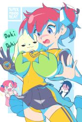 3girls ami_aiba blue_eyes breast_grab clothed digimon digimon_(species) digimon_story digimon_story:_cyber_sleuth female female_protagonist goggles grabbing_from_behind groping human nokia_shiramine open_mouth panties red_hair side_ponytail skirt smug_face supermondobeat surprised terriermon thighhighs yuuko_kamishiro