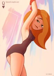 ass disney disney_channel dutch_angle female green_eyes kim_possible kimberly_ann_possible little_black_dress long_hair looking_back nipple_bulge pokies queencomplex red_hair smile solo straight_hair