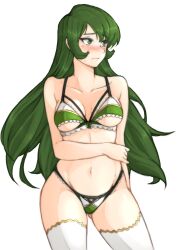 1girls absurdres alternate_costume arm_under_breasts ass_visible_through_thighs bangs bare_shoulders blush bra breasts cleavage cowboy_shot erinys_(fire_emblem) female female_only fire_emblem fire_emblem:_genealogy_of_the_holy_war frilled_bra frills green_eyes green_hair green_panties highleg highleg_panties highres long_hair looking_to_the_side medium_breasts navel nintendo panties revealing_clothes simple_background skimpy_clothes solo stockings thighhighs thighs tridisart underboob underwear white_panties