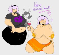 big_breasts boobs breasts chubby drunk errorplush fat female gold_pasties goth homestuck kanaya_maryam lipstick pasties pubic_hair purple_eyes purple_hair rose_lalonde roxy_lalonde shirt smile text tummy wine