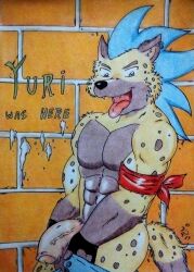 abs absurd_res bandana biceps black_nose blue_hair bodily_fluids bottomwear brick brick_wall brown_eyes clothed clothing cum cum_on_wall cumshot dashthefox delinquent ejaculation fingerless_gloves flaccid fur genital_fluids genitals gloves graffiti hair handwear hi_res hyaenid kerchief male male_only mammal muscular obliques open_bottomwear open_clothing open_mouth open_pants pants pecs penis rebel red_bandanna red_kerchief solo spiky_hair spots spotted_body spotted_fur teeth teeth_visible text tongue tongue_out traditional_media_(artwork) vein veiny_penis wall_(structure) yuri(character)