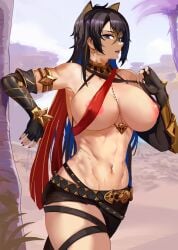 1girls abs absurdres animal_ears black_hair breasts brown_skin dehya_(genshin_impact) female fit fit_female genshin_impact huge_breasts kemonomimi long_hair loooyd massive_breasts nipple_slip revealing_clothes toned