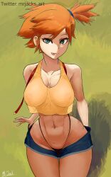 1girls 2d abs alternate_breast_size aqua_eyes areola artist_name asymmetrical_hair belly big_ass big_breasts big_hips breasts clavicle cleavage collarbone creatures_(company) crop_top curvaceous curvy denim denim_shorts female game_freak grass green_eyes highleg highleg_panties highres huge_ass huge_breasts kasumi_(pokemon) kasumi_(pokemon) large_breasts looking_at_viewer mrjacks_art muscular narrow_waist naughty_face navel nintendo nipples orange_hair panties pokemon pokemon_(anime) pokemon_(classic_anime) pokemon_rgby ponytail short_hair short_shorts shorts side_ponytail sitting slender_waist smile solo stomach suspenders suspenders_hanging thick thick_thighs thighs thong tied_hair tomboy tongue tongue_out underwear wide_hips