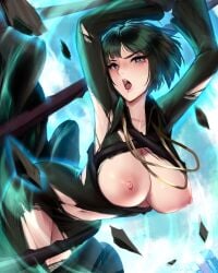 1girls areola arms_up bent_over black_hair blush breasts breasts_out cianyo collarbone dress fubuki_(one-punch_man) green_eyes heart-shaped_pupils huge_breasts looking_at_viewer navel nipples no_bra one-punch_man one_leg_up short_hair tears torn_clothes