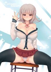 alternate_version_available breasts cleavage danganronpa danganronpa_2:_goodbye_despair large_breasts nanami_chiaki panties short_skirt skimpy_clothes solo_female spread_legs stool straight_hair super_danganronpa_2 thick_thighs thighhighs thighs virus.g