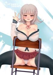 1girls alternate_version_available breasts chair danganronpa danganronpa_2:_goodbye_despair large_breasts nanami_chiaki panties short_skirt skimpy_clothes solo_female spread_legs straight_hair super_danganronpa_2 thick_thighs thighhighs thighs virus.g wet_pussy