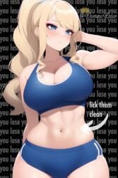 1girls abs ai_generated animated artist_self-insert belly big_breasts big_thighs blonde_hair blue_eyes breasts busty cleavage clothed clothed_female clothes clothing curvaceous curvy curvy_body curvy_female curvy_figure dominant dominant_female eyeliner eyeshadow female female_focus female_only gym_shorts hips huge_breasts large_breasts large_thighs light-skinned_female light_skin long_hair makeup midriff nai_diffusion navel no_sound ponytail queen_dee queen_dee_(character) shorts solo solo_female solo_focus sports_bra sportswear stable_diffusion stomach text thick thick_thighs thighs video voluptuous wide_hips