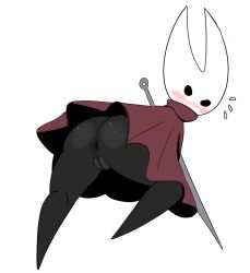 anus ass ass_focus blush bodily_fluids cloak cloak_only clothing darky03 female genitals hi_res hollow_knight hornet_(hollow_knight) pussy simple_background solo solo_female sweat sweatdrop team_cherry video_games white_background