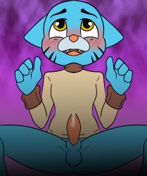 2023 4_fingers anthro balls blue_body blush bodily_fluids bottomless cartoon_network cat_boy cat_ears catboy clothed clothing digital_media_(artwork) domestic_cat eyebrows felid feline felis fingers genital_fluids genitals gumball_watterson hi_res joykill male mammal open_mouth penis precum solo spread_legs spreading the_amazing_world_of_gumball yellow_eyes