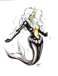 1girls 2011 black_cat_(marvel) black_tail blue_eyes breasts cleavage felicia_hardy light-skinned_female light_skin marvel mermaid mermaid_girl mermaid_position mermaid_tail mermaid_transformation rantz seductive seductive_pose spider-man_(series) white_hair