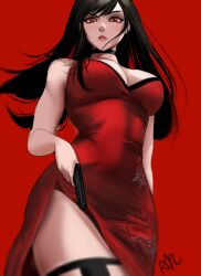 1girls 2d ada_wong ada_wong_(caroline_ribeiro) arialla_draws black_hair choker cleavage female female_focus female_only final_fantasy final_fantasy_vii final_fantasy_vii_remake front_view fully_clothed handgun long_hair looking_at_viewer red_background red_dress red_eyes resident_evil resident_evil_4 solo tifa_lockhart