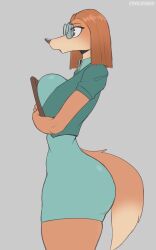 2022 2d anthro artist_name ass big_breasts breast_press breasts brown_body brown_eyes canine clothed clothed_female cooliehigh dat_ass digital_media_(artwork) domestic_dog eyebrows eyelashes female furry furry_female furry_only glasses grey_background hair illumination_entertainment office_clothing office_lady red_hair saluki short_hair side_view sing_(movie) sing_2_(movie) solo standing suki_lane tagme tail white_sclera