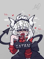 1girls booxhy cum cum_in_mouth cum_on_face heart-shaped_pupils hearts_around_head hearts_in_eyes helltaker lucifer_(helltaker) non-human onomatopoeia red_eyes steamy steamy_breath steamy_cum succubus_tail sweat sweatdrop sweating text tongue tongue_out