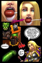 1boy 1girls alliance_(warcraft) blizzard_entertainment blonde_hair comic comic_page dialogue green_penis green_skin horde horde_(warcraft) human human_(world_of_warcraft) jaina_proudmoore large_breasts large_penis light-skinned_female light_skin lollipop orc orc_(warcraft) orc_male orced penis shina sucking_lollipop thrall warcraft world_of_warcraft