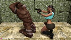 1boy 1girls 3d big_breasts bimbo breasts brown_hair busty crwatcher dark-skinned_male dark_skin female female_focus hourglass_figure lara_croft lara_croft_(classic) large_breasts light-skinned_female light_skin long_hair male penis ponytail tagme tomb_raider wide_hips