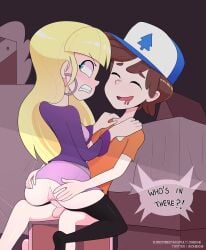 1boy 1boy1girl 1girls ass_grab black_legwear blonde_female bottomless_skirt clothed_female clothed_sex cowgirl_position dipcifica dipper_pines femdom gravity_falls hat hat_stays_on_during_sex malesub no_panties ohiekhe pacifica_northwest satisfied_look satisfied_smile sex sitting stealth_sex straight straight_hair thighhighs vaginal_penetration