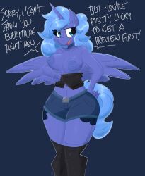 alicorn anthro big_breasts blue_body blue_eyes blue_hair blue_shorts blue_tail breasts cutie_mark flutterthrash friendship_is_magic hand_on_hip hasbro highres horn my_little_pony princess_luna_(mlp) shirt_down shorts text wings