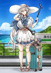 1girls blue_eyes briefcase choker closed_mouth dress huge_breasts large_breasts long_hair looking_at_viewer selfie_stick sun_hat touching_hair tourist uninterested white_hair