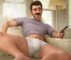 1boy alternate_version_available appasart beard bill_andersen bulge bulge_through_clothing dilf erection_under_clothes father flaccid inside_out male male_only masculine mature_male solo underwear white_underwear