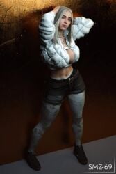 1girls 3d 3d_(artwork) background big_breasts billie_eilish brown_background celebrity cleavage female fully_clothed grey_hair hands_behind_head legs_apart looking_at_viewer looking_pleasured muscular muscular_female smz-69 spread_legs