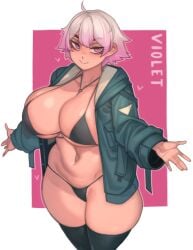 1girls bikini black_bikini breasts female gigantic_breasts hi_res jacket kelvin_hiu oc original short_hair thick_thighs thighhighs violet_(kelvin_hiu) violet_eyes voluptuous white_hair wide_hips