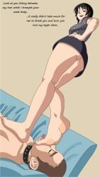 1boy1girl always-under-feet ass bare_legs barefoot big_ass black_hair brown_hair dominant dominant_female domination fetish foot_fetish foot_focus foot_worship katsunan kimono long_hair lying_on_back male/female masochism masochist naruto naruto_shippuden no_panties shizune short_kimono smile standing stepped_on stepping_on_face stepping_on_head submissive submissive_male talking talking_to_another text underass