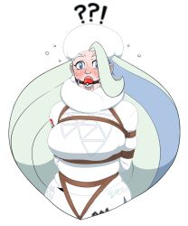 1girls arms_tied_behind_back ball_gag blue_eyes bondage breasts crotch_rope gag gagged gym_leader gym_uniform hair_over_one_eye hat large_breasts long_hair looking_at_viewer melony_(pokemon) nintendo pants poke_ball_gag pokemon pokemon_ss rope rope_bondage scarf shirt skelebomb white_hair white_pants white_scarf white_shirt