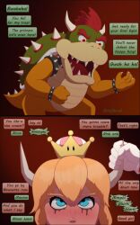 1boy 1girls blowjob bowser bowsette dialogue direshrub fellatio female femsub horn_grab instant_loss_2koma maledom malesub mario mario_(series) mascara new_super_mario_bros._u_deluxe speech_bubble super_crown super_mario_bros. tears text toony