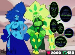 2girls alien alien_girl big_breasts blue_body blue_hair blue_skin blue_skinned_female blurry_background bracelet bracelets braces breasts cleavage cleavage_cutout clothing cloud confident curvaceous curvy curvy_female dakkii detailed_background dialogue earrings english_text gem gem_(species) glasses green_body green_skin lapis_lazuli_(steven_universe) long_hair outdoors peridot_(steven_universe) retweet_challenge retweet_icon sharp_teeth short_shorts short_stack shortstack sky steven_universe tattoo text text_bubble thick_thighs thighhighs unusual_areolae unusual_hair water wide_hips yellow_hair