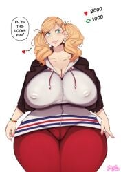 1girls alternate_breast_size ann_takamaki arm_band atlus big_breasts bittercream black_jacket blonde_hair blue_eyes cameltoe cleavage clothed clothed_female clothing earrings english_text female female_only full_lips hair_clip hoodie jacket jacket_open megami_tensei nail_polish nipple_bulge nipples_visible_through_clothing pants persona persona_5 pink_nail_polish pink_nails red_pants speech_bubble text text_bubble thick_thighs twintails voluptuous white_hoodie wide_hips