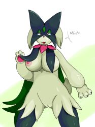 anthro breasts cactuscacti english_text female genitals looking_at_viewer meowscarada nintendo nipples open_mouth pokémon_(species) pokemon pokemon_sv pussy simple_background solo solo_focus text video_games