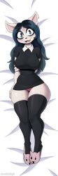 2022 2d anthro arm_behind_back bed black_shirt blue_eyes blue_hair blush chipped_ear claire_(the_summoning) cooliehigh dakimakura dakimakura_design digital_media_(artwork) eyelashes feline feline_humanoid female furry furry_female furry_only hair long_hair looking_at_viewer lying mammal mammal_humanoid nervous on_back panties pentagram pink_panties shirt slippers solo tagme the_summoning thick_thighs thighhighs white_body white_sclera