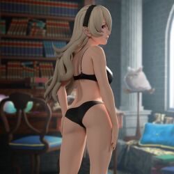 1girls 3d ass bare_thighs big_ass black_nails black_panties book bookshelf bra corrin_(fire_emblem) corrin_(fire_emblem)_(female) feh_(fire_emblem_heroes) female female_only fire_emblem fire_emblem_fates fire_emblem_heroes fullfrontallewdity grey_hair indoors long_hair looking_at_viewer looking_back nail_polish nintendo owl panties pointy_ears red_eyes solo thighs underwear