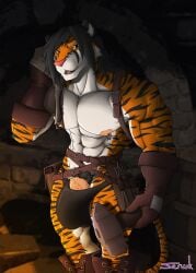 2022 abs anthro anvil athletic athletic_anthro athletic_male big_penis black_hair black_stripes blacksmith blacksmith_hammer boots bulge clothed clothing felid footwear fur genitals gloves hair handwear hi_res male male_only mammal multicolored_body multicolored_fur muscular muscular_anthro muscular_male nipple_piercing nipple_ring nipples orange_body orange_fur pantherine penis piercing pink_nose pubes ring_piercing saruuk signature solo striped_body striped_fur stripes tiger topless topless_anthro topless_male two_tone_body two_tone_fur white_body white_fur