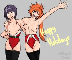 2girls breasts christmas female female_only flashing_breasts itsuka_kendou jirou_kyouka kendou_itsuka kyoka_jiro multiple_girls my_hero_academia nipple_piercing orange_hair pierced_nipples purple_hair tropic_turtle