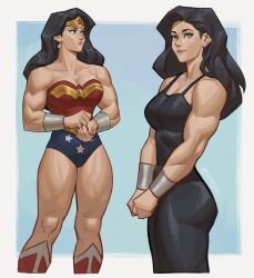 1girls absurd_res black_hair blue_background blue_eyes boots bracer dc dc_comics diana_prince earrings female hi_res jewelry long_hair looking_at_viewer looking_to_the_side m4rjinn muscular muscular_female simple_background smile solo tank_top tiara wonder_woman wonder_woman_(series)