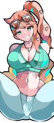 1girls aqua_eyes breasts cleavage enpe female glasses glasses_on_head heart_necklace huge_breasts jeans light-skinned_female light_skin long_hair looking_at_viewer nintendo orange_hair pokemon pokemon_ss side_ponytail smile sonia_(pokemon) spread_legs tank_top thighs