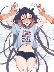 1girls arms_up blush dolphin_shorts glasses hololive hololive_english hololive_myth keisea keiseeaaa looking_at_viewer monster_girl navel nerd nerdy_female ninomae_ina'nis pointy_ears pov_eye_contact pov_hands shorts t-shirt tentacle_hair thighs virtual_youtuber wrist_grab