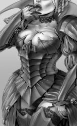 anonarts armor big_breasts black_and_white blood breasts female female_focus female_only isabella_von_carstein lingerie solo solo_female solo_focus vampire vampire_girl warhammer_(franchise) warhammer_fantasy