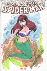 ariel_(cosplay) cleavage danica_brine disney fish_tail green_tail marvel marvel_comics mary_jane_watson mermaid mermaid_girl mermaid_position mermaid_tail mermaid_transformation red_hair seductive seductive_look seductive_mouth seductive_pose seductive_smile spider-man_(series) straight_hair the_little_mermaid underwater