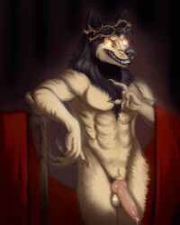 1boy abs anthro canine_penis christianity claws cloth crown crown_of_thorns erection fur furry glowing_eyes heavy_metal knot male male_only muscular naked nude penis powerwolf_(band) precum precum_drip red_cloth religion sharp_claws sharp_teeth simple_background smile smirking_at_viewer soft_shading solo teeth unknown_artist