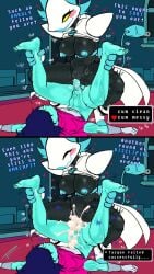 1boy 1girls amazon_position anthro black_body blue_hair blue_nipples blue_skin blush_stickers bottomless breasts cat_ears catgirl closed_eyes cum cum_in_pussy cum_inside dark_skin deltarune dialogue english_text excessive_cum fakeryway feet female femdom heart humanoid kris_(deltarune) large_breasts leg_grab legs_up male male/female messy nipples overflow panels penis pleasure_castle pussy reverse_rape robot robot_girl sex smile tasque_manager_(deltarune) teal_skin text vaginal_penetration video_games