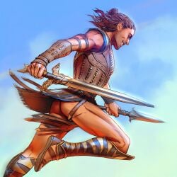 1boy 1male alexios armor ass assassin's_creed_(series) assassin's_creed_odyssey bottomless dual_wielding hand_on_weapon male male_ass male_only sdkay skirt_lift smiling spear sword weapon wind wind_lift