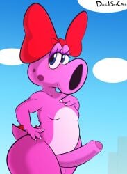 1boy accessory androgynous anthro big_penis birdetta birdo bow_ribbon cloudscape davidsanchan femboy feminine_male genitals girly hair_accessory hair_ribbon hairbow hand_on_chest hand_on_hip hi_res looking_at_viewer male mario_(series) nintendo nude penis ribbons sky solo video_games