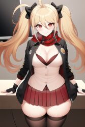 1girls ahoge ai_generated azur_lane blücher_(azur_lane) blonde_hair bomber_jacket bra cleavage female female_only gloves hairbow iron_blood_(azur_lane) light-skinned_female light_skin nai_diffusion red_eyes scarf skirt smile stable_diffusion thighhighs twintails white_shirt