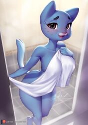 2d after_shower anthro artist_name artist_signature ass black_pupils blue_body blue_fur breasts cartoon_network eyebrows eyelashes feline feline_humanoid female female_only furry furry_female furry_only grey_eyes inside looking_at_viewer mammal mammal_humanoid milf naked nicole_watterson open_smile pakwan008 patreon_logo patreon_url sideboob smile smiling_at_viewer solo tail teeth the_amazing_world_of_gumball thick_thighs tongue towel url white_sclera white_towel