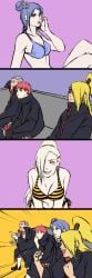 2girls 3boys 4koma aaa_(146503) akatsuki_(naruto) bare_shoulders bikini blonde_hair blue_hair breasts cleavage closed_eyes comic deidara female female_focus grin hair_over_one_eye hidan highres ino_yamanaka konan labret_piercing leaning_forward male meme multiple_boys multiple_girls naruto naruto_(series) naruto_shippuden navel sasori side-tie_bikini_bottom sitting smile striped striped_bikini striped_one-piece_swimsuit swimsuit